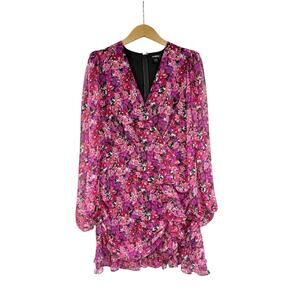 Express Bright Pink Floral Ruched Ruffle Mini Dress Cocktail Womens Medium